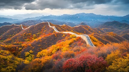 Fototapeta premium Great Wall in Autumn: Landscape view of the Great Wall of China surrounded by vibrant autumn foliage, with the wall stretching endlessly across the hills. 