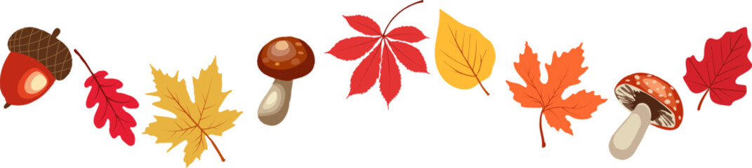 Autumn border with leaves ,mushrooms,acorns,berries. Wave of falling leaves. Leaf fall. Autumn flying leaves. Watercolor leaves in the wind. Autumn leaves seamless border.