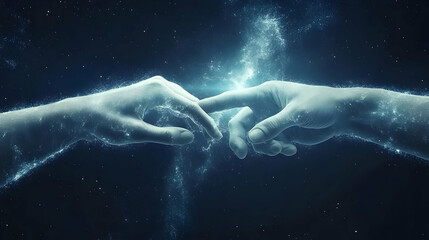 Fototapeta premium Two hands reach out to each other, fingers almost touching, in a galaxy of stardust.