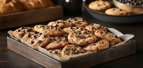 Closeup of Warm Chocolate Chip Cookies in a Wooden Box with a Shallow Depth of Field A Sweet and Savory Treat