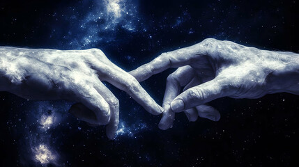 Two hands reaching out to each other with a starry night sky background.