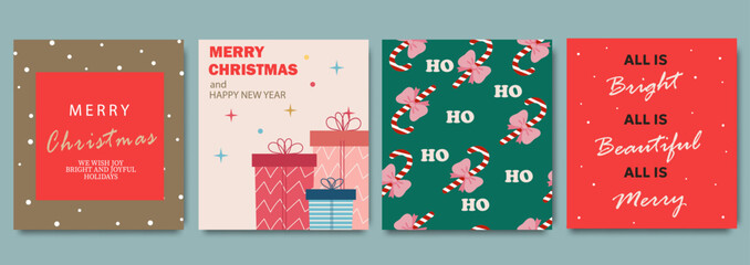 Festive Merry Christmas greeting card set. Modern art Xmas design with featuring gifts, candy canes, and joyful holiday typography. Trendy bright colorful template for season banner, poster, cover