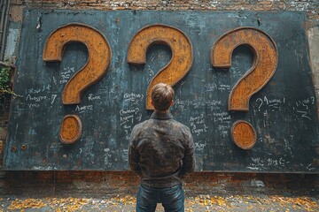 A person at a blackboard with question marks, symbolizing confusion, decision making, and searching for answers