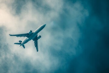 A commercial jet plane flies through a dramatic cloudy sky, its sleek silhouette contrasting against the soft, billowing clouds
