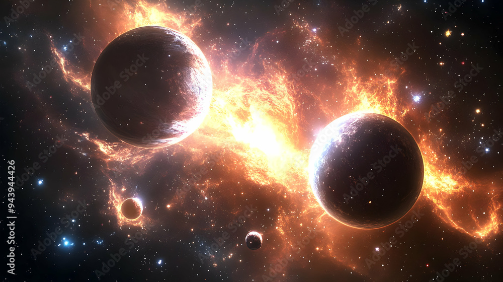 Poster two planets collide in a fiery explosion in space with a starry background.