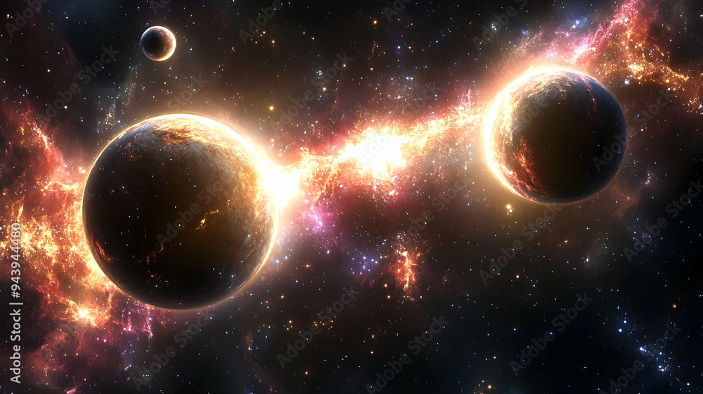 Poster two planets collide in a fiery explosion, creating a beautiful, chaotic nebula.