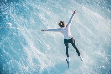 An aerial view of a figure skater with arms outstretched, gliding across a blue ice surface leaving trails of ice shavings behind