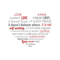 Vector illustration. Heart made of words. Bible verse about love designed as a heart