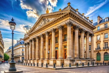 Obraz premium A majestic neoclassical building with columns and ornate details stands prominently in the heart of a bustling financial district in Paris, France.