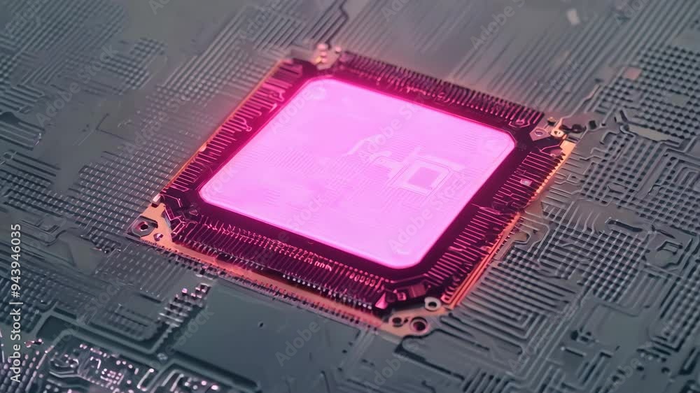 Poster exploring the vibrant technology of a glowing semiconductor in a high-tech circuit board environment
