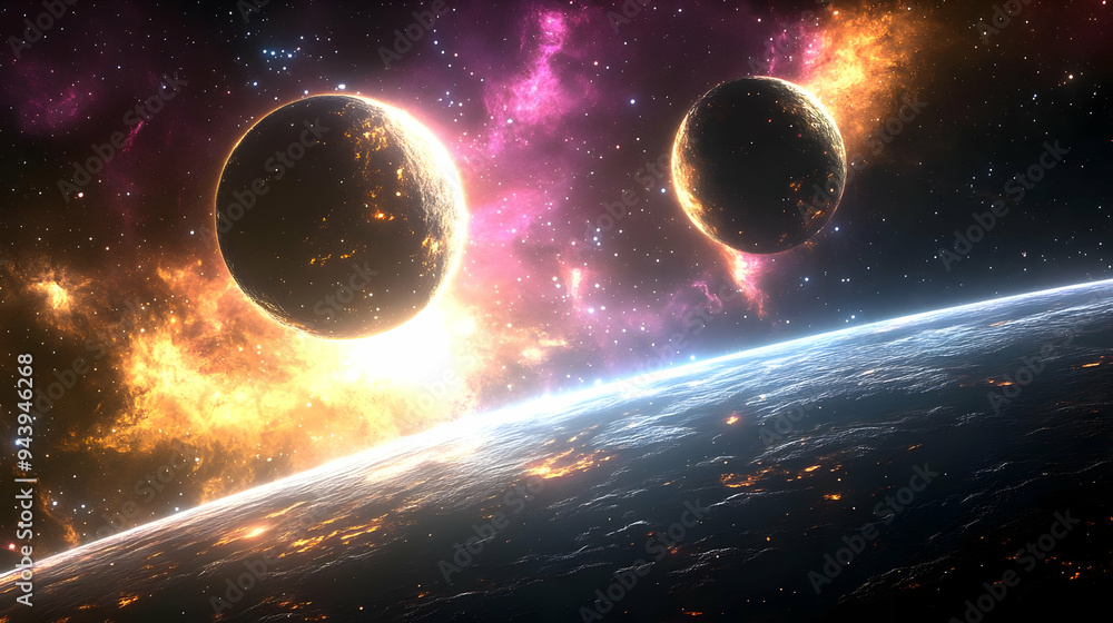 Poster two planets in a nebula with a view of another planet's surface.