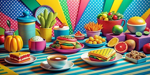 Pop Art Feast: Bold and graphic food and still life, digitally rendered with vibrant colors and playful patterns.