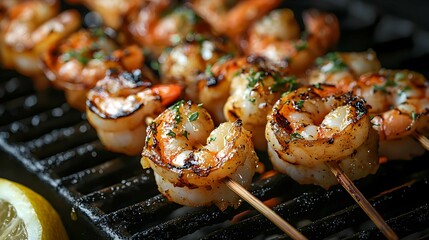 Freshly grilled shrimp with a charred crust on a barbecue.