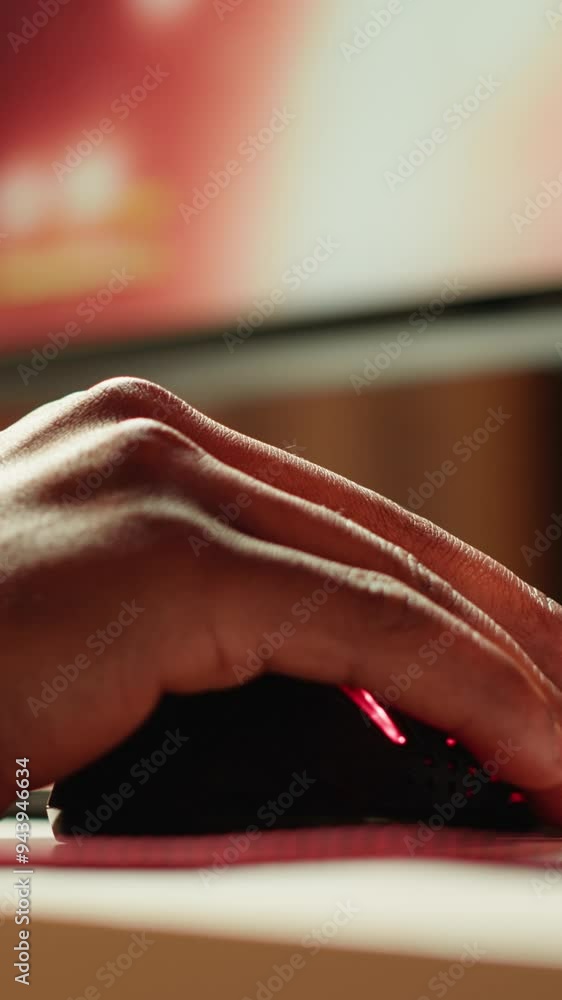 Aufkleber vertical video gamer using keyboard and wired mouse to play videogames on desktop pc, close up shot.