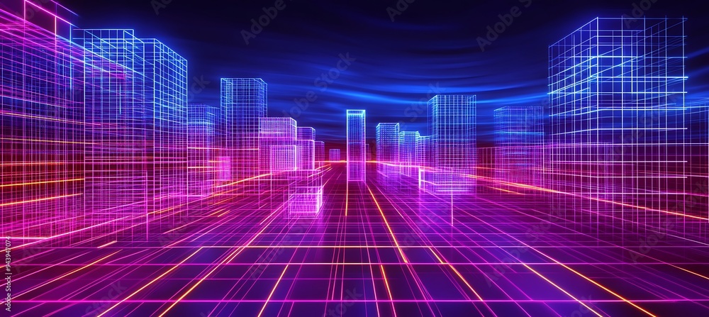 Poster a digital world with neon grids and towering cybernetic structures