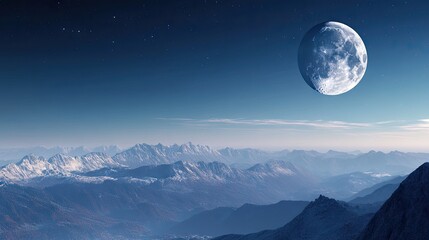 The moon peeking over the horizon of a mountain landscape, surrounded by a deep blue sky.
