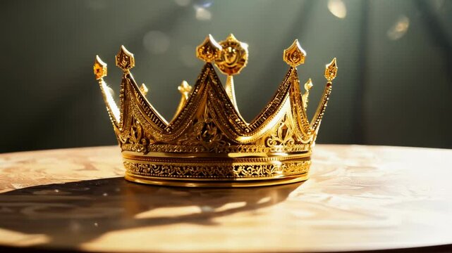 Golden crown displayed on a wooden table with dramatic lighting highlighting its intricate details