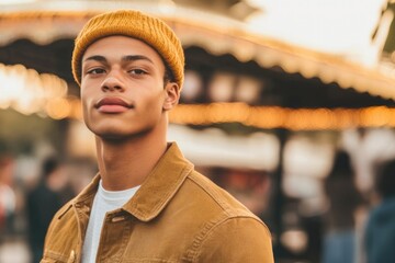 Fototapeta premium A man wearing a yellow hat and a brown jacket stands in front of a building
