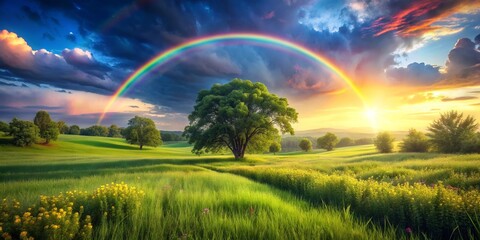 Naklejka premium Prismatic Rainbow Meadow: Whimsical, vibrant, rainbow colors over a field, lush greenery, magical atmosphere