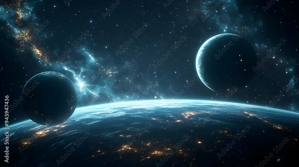 Poster two planets in a vast and starry space with one partially obscured.