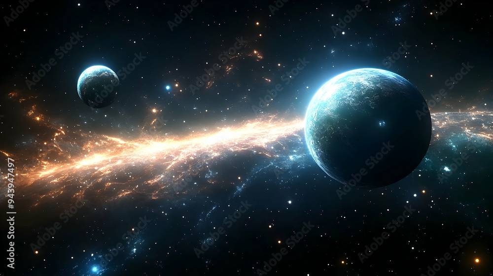Poster two planets in a vast expanse of space with a glowing nebula in the background.