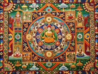 Prosperity Tapestry: Intricate, vibrant colors, cultural symbols, layered patterns, abundance.