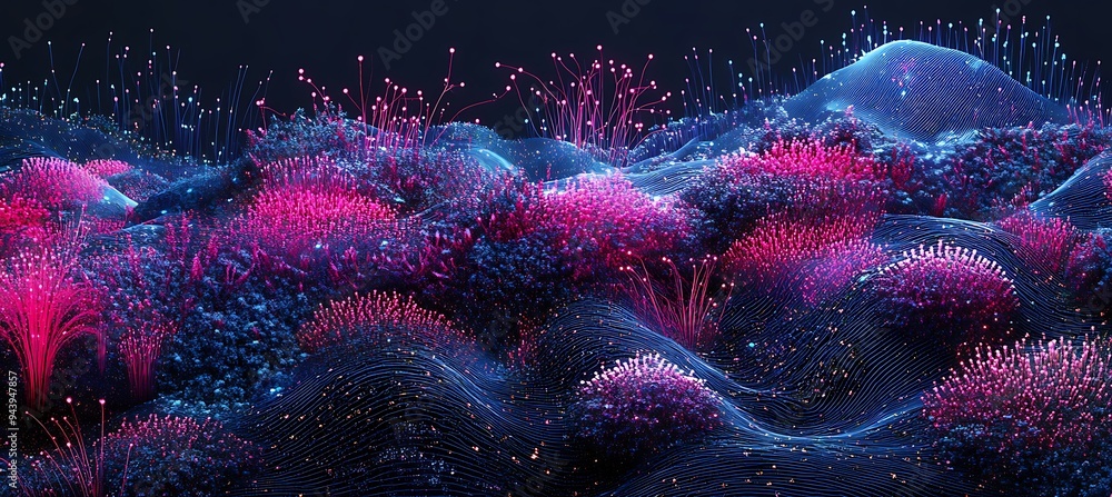 Poster a digital world with neon grids and towering cybernetic structures