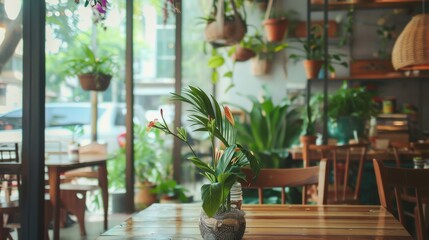 Serene Cafe Oasis with Abundant Greenery and Natural Light