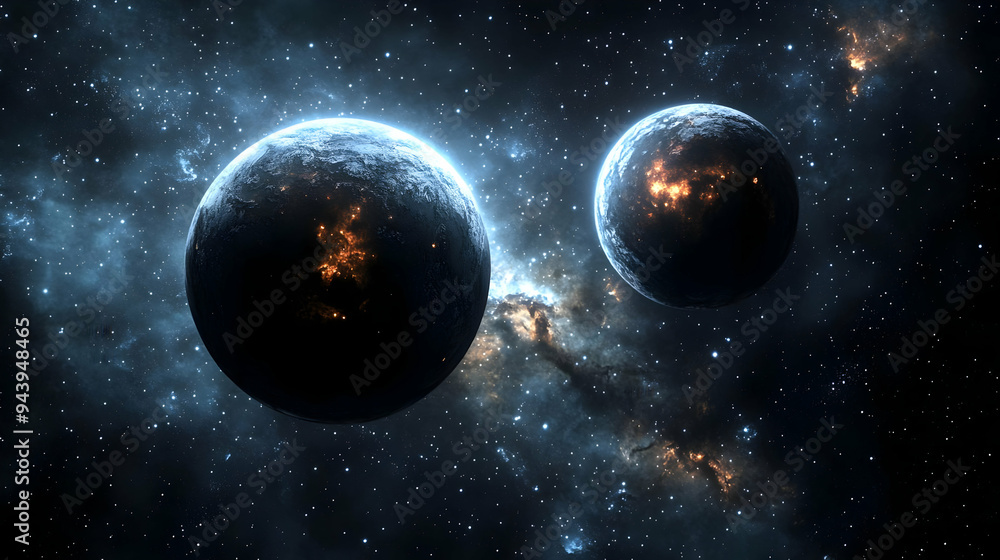 Poster two planets in space with stars and nebula.