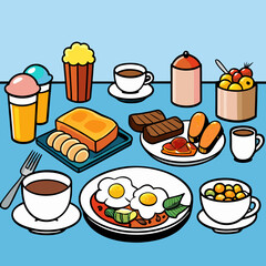 breakfast buffet full english and continental large selection of brunch and breakfast food on the table with egg bacon toast orange juice croissant coffee fruits and nuts