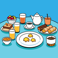 breakfast buffet full english and continental large selection of brunch and breakfast food on the table with egg bacon toast orange juice croissant coffee fruits and nuts