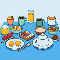 breakfast buffet full english and continental large selection of brunch and breakfast food on the table with egg bacon toast orange juice croissant coffee fruits and nuts