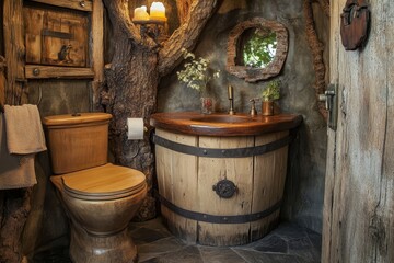 Whimsical treehouse bathroom with wooden barrel sink, tree trunk features, and nature-inspired decor creating a fairytale-like atmosphere