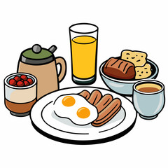 breakfast buffet full english and continental large selection of brunch and breakfast food on the table with egg bacon toast orange juice croissant coffee fruits and nuts