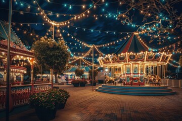 The mesmerizing and beautiful view of the amusement park at night Decorated with twinkling lights above the carousel and vintage style. Waiting for the children's fun