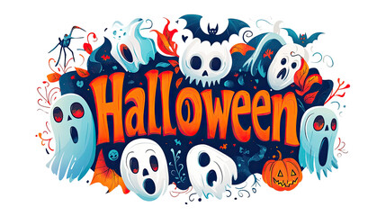Halloween-themed cartoon illustration featuring a graffiti-style design with a festive message and vibrant symbols, perfect for a poster or sticker