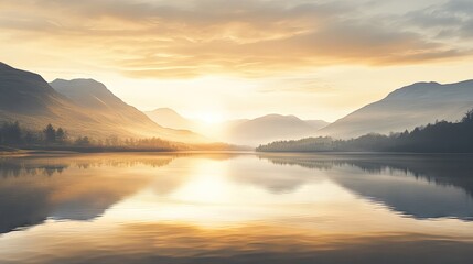 The sun dips below the mountains, casting a golden glow on a calm lake that mirrors the landscape.