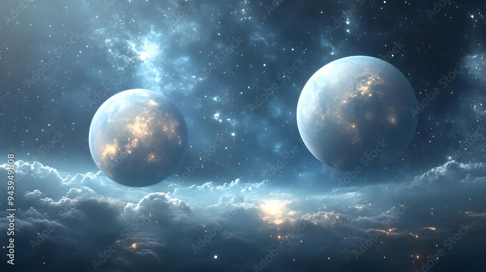 Poster two planets with glowing surfaces float above a vast expanse of clouds in a starry sky.