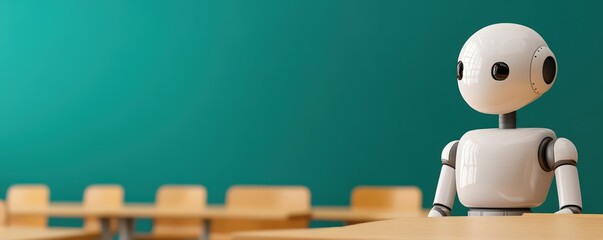 A friendly robot sits on a table in a classroom, symbolizing innovation and technology in education settings.
