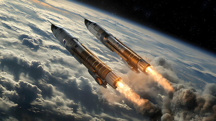 Obraz premium Two rockets launch into space, leaving trails of smoke.