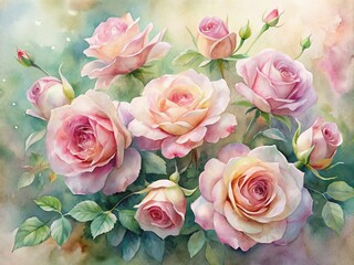 Obraz premium Roseate Poetry: A poetic expression of roses inwatercolor, using soft, layered hues of pink to create an ethereal, almost ethereal vision.