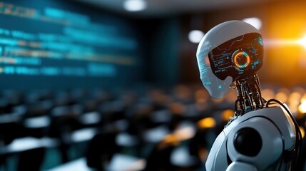 Obraz premium Futuristic robot standing in a classroom showcasing advanced technology and AI integration in modern education.