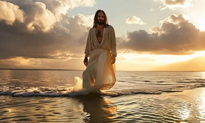 Video of Jesus Christ walking on water, biblical scene illustrating a religious miracle, serene ocean setting with a spiritual figure