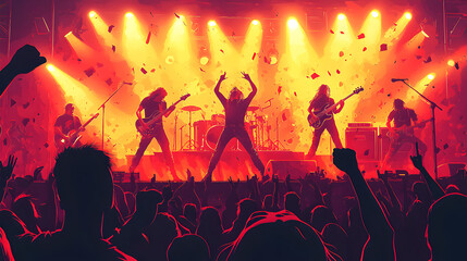 Obraz premium A vector illustration of metal rock singer, music band , concert, rocker,Rock band electrifying concert stage with music, lights, and energetic performance, featuring a deep gold red color palette