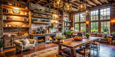 Rustic Charm: Warm, cozy, reclaimed wood, open shelves, vintage accents