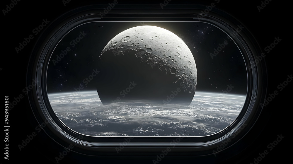 Poster view from a spaceship window showing a large, cratered moon in the distance, seen above a planet's c
