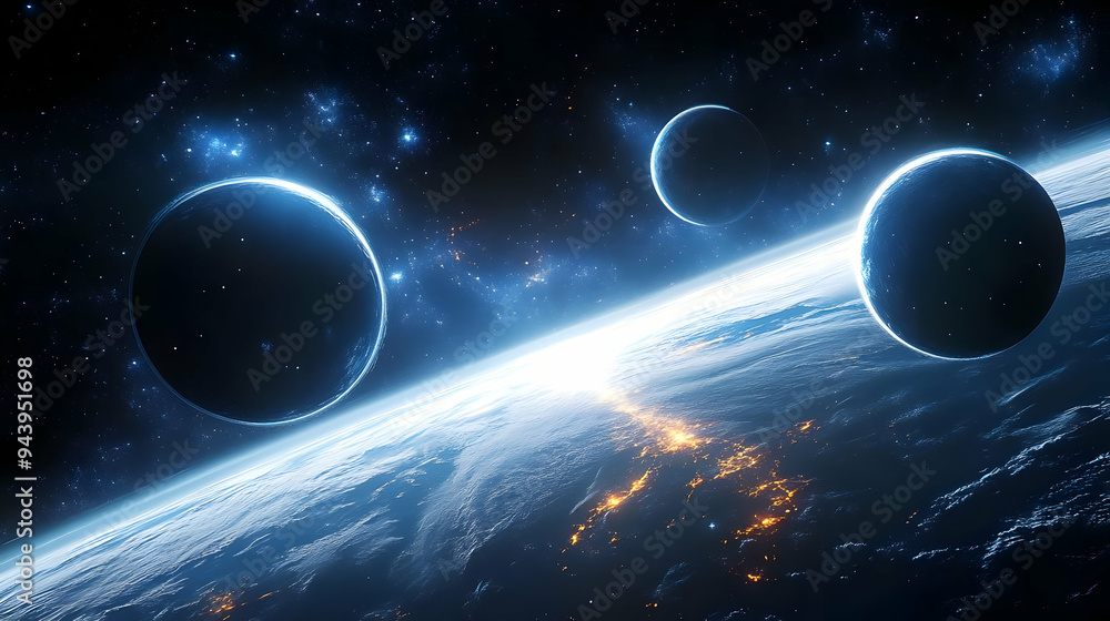 Poster view of a planet with two moons from space.