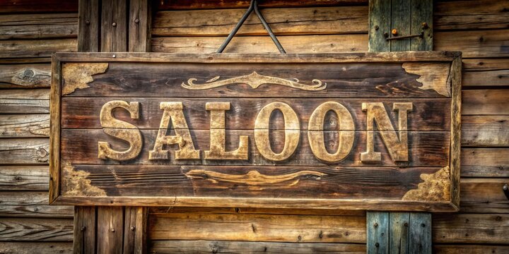 Rustic Western Saloon Sign: Moody, weathered, wooden, faded hues, vintage saloon motif