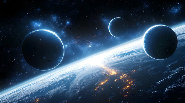 View of a planet with two moons from space.