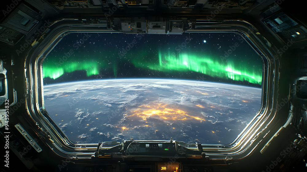 Poster view of earth and aurora borealis from a spaceship window.